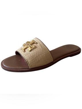 Tory Burch Everly Raffia Slide Sandals Gold Logo Size 8